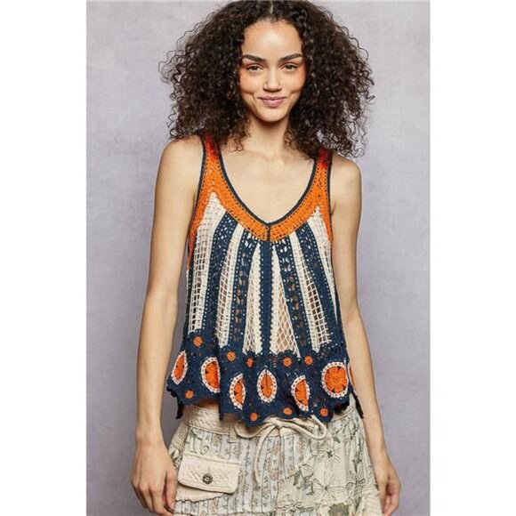 POL Tops - POL Openwork Stripe Pattern Flowy Tank with Scalloped Edge